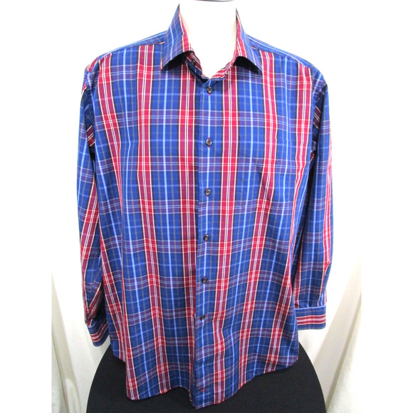 EUC! David Donahue Blue & Red Plaid Long Sleeve Button Up Dress Shirt Men Sz 2XL - Picture 1 of 9